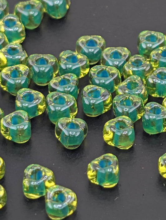 Miyuki Triangle Seed Beads: Amber Yellow & Kelly Green, Size 5/0 (10g)