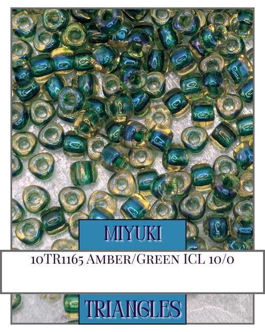 10TR1165-Miyuki Triangle Beads:Amber/Green ICL (10g pkg)