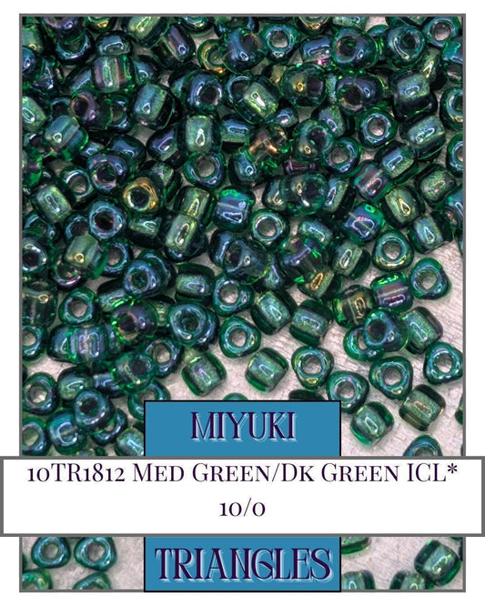 10TR1812-Miyuki Triangle Beads:Med Green/Dk Green ICL* (10g pkg)