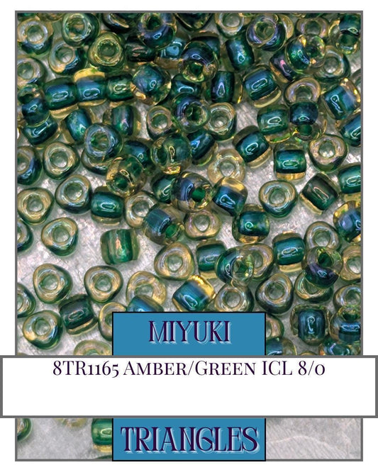 8TR1165-Miyuki Triangle Beads:Amber/Green ICL (10g pkg)