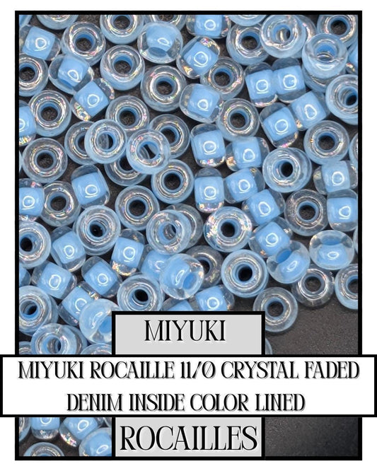 11-0221 Miyuki Rocailles 11/0 | Crystal/Faded Denim Inside Color Lined 20g