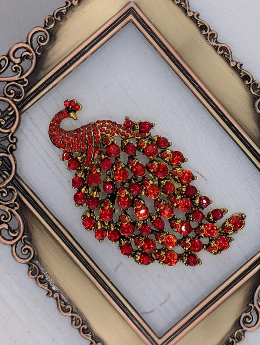 Golden Plate Red Rhinestone Peacock  Brooch