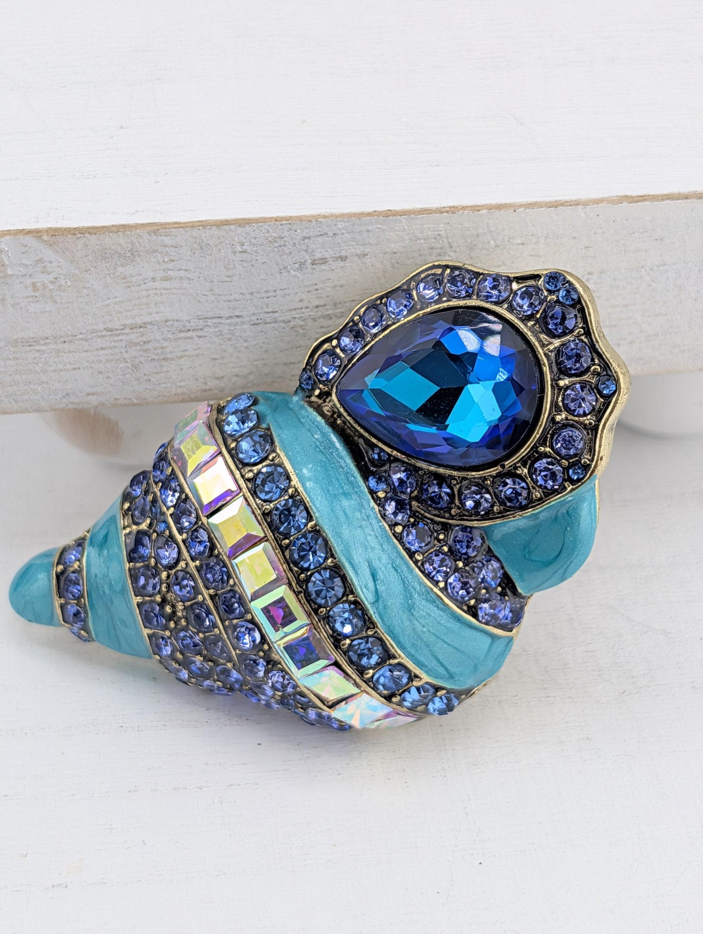 Beach Lover Blue Shell Brooch, Gold & Silver Plated (Rhinestone Accent)