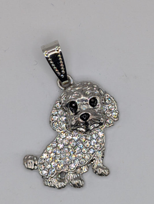 A silver-colored poodle charm with a sparkling crystal design.