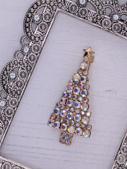 Gold plate rhinestone Christmas Tree brooch
