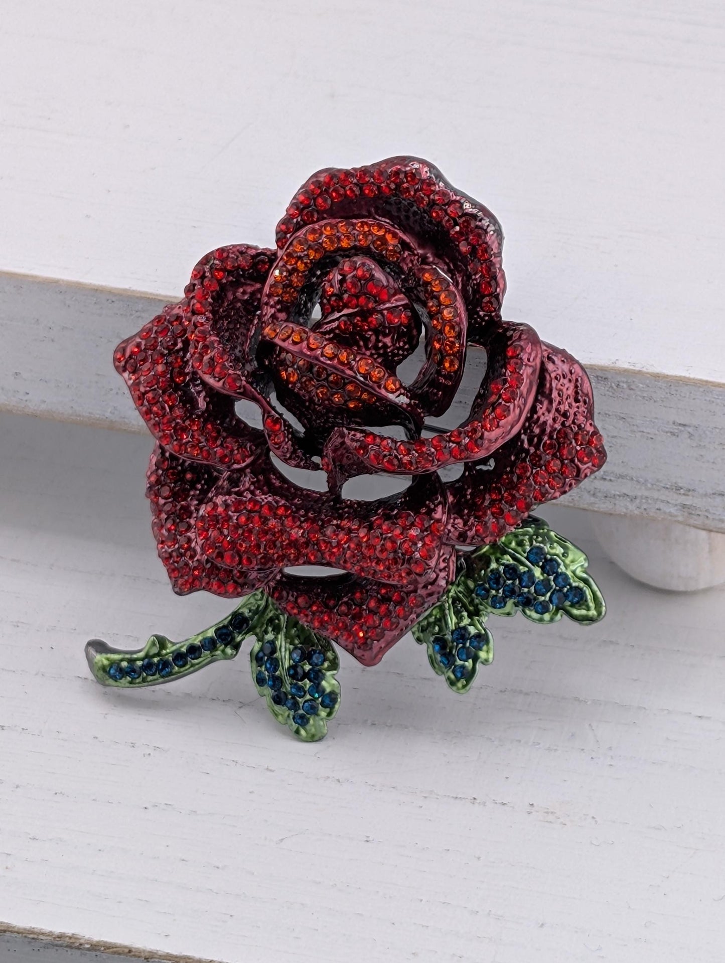 Gold Plated Red Rhinestone Rose Brooch