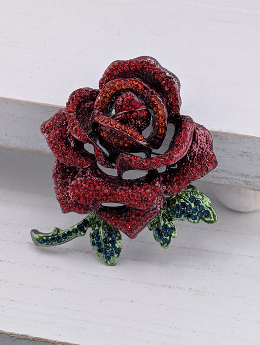 Gold Plated Red Rhinestone Rose Brooch