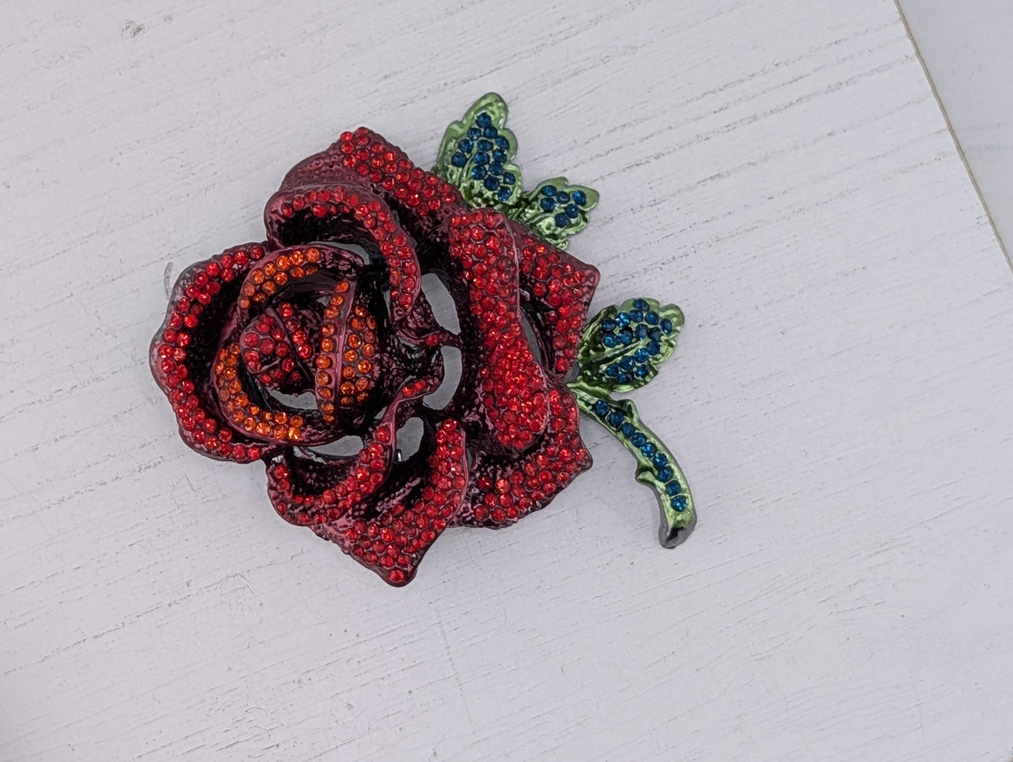 Gold Plated Red Rhinestone Rose Brooch