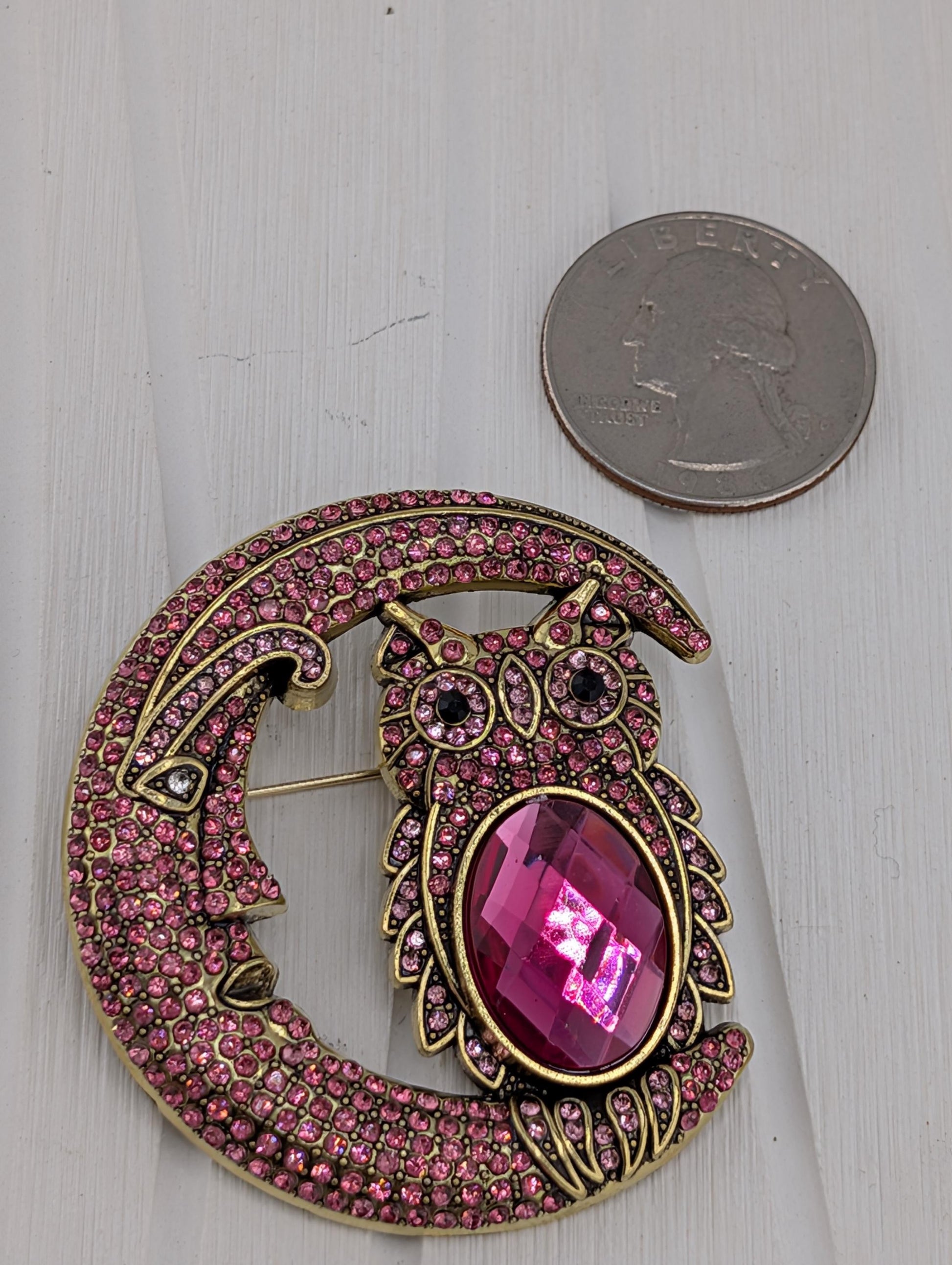 A pink owl brooch with a crescent moon design and a large pink gemstone is shown next to a silver coin.