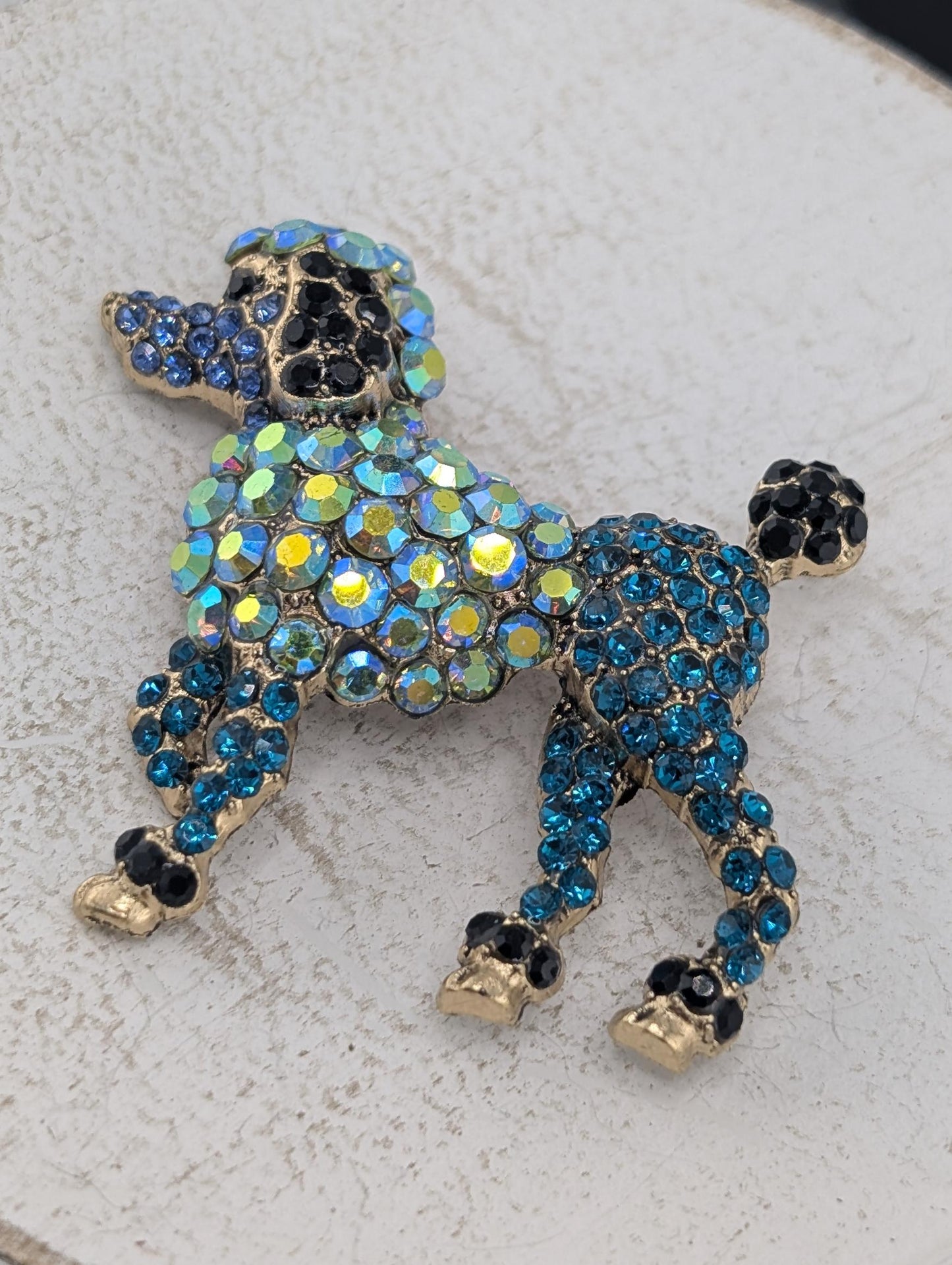 Gold Plated Blue and Green Rhinestone Poodle Dog Brooch