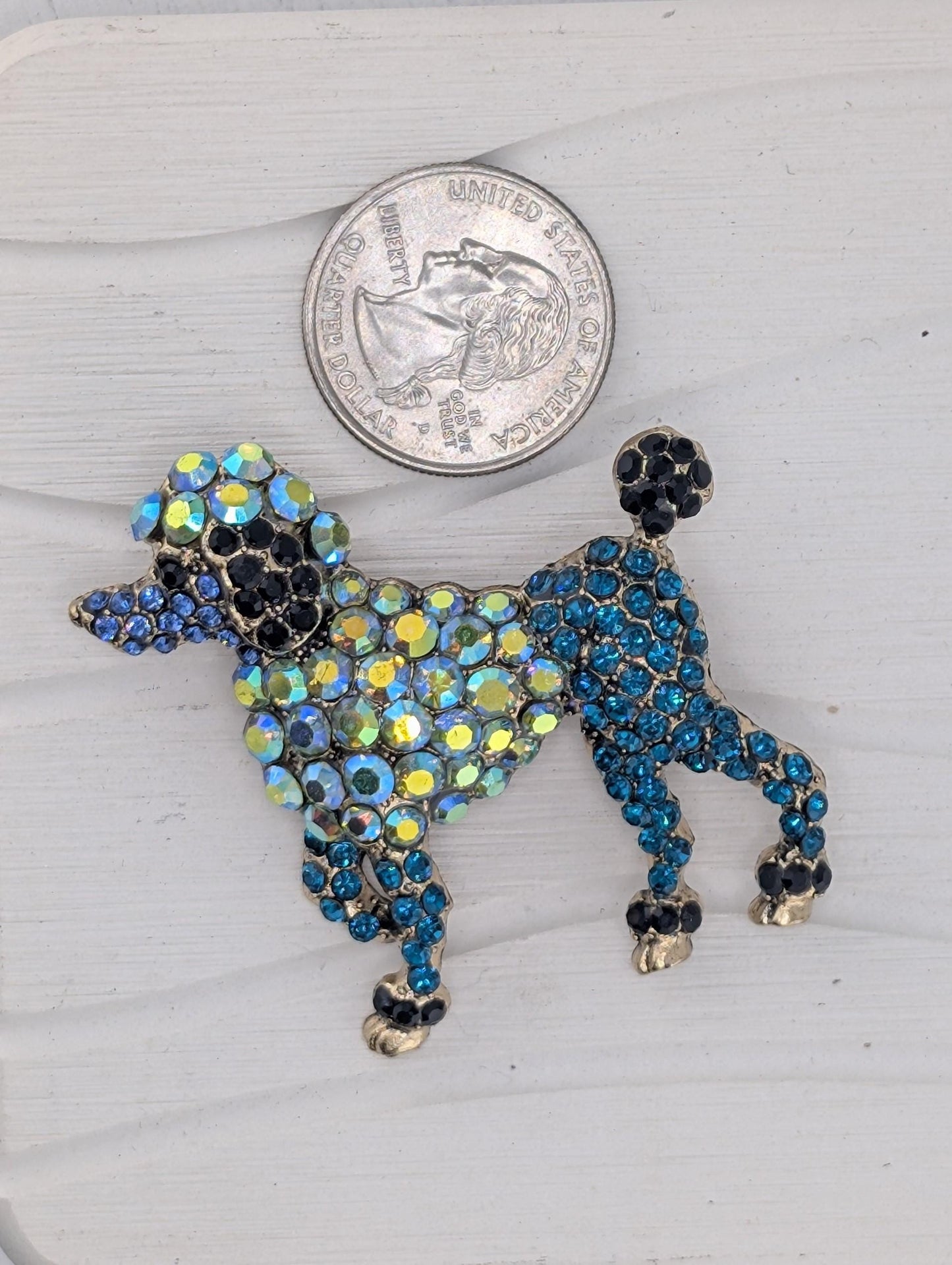 Gold Plated Blue and Green Rhinestone Poodle Dog Brooch