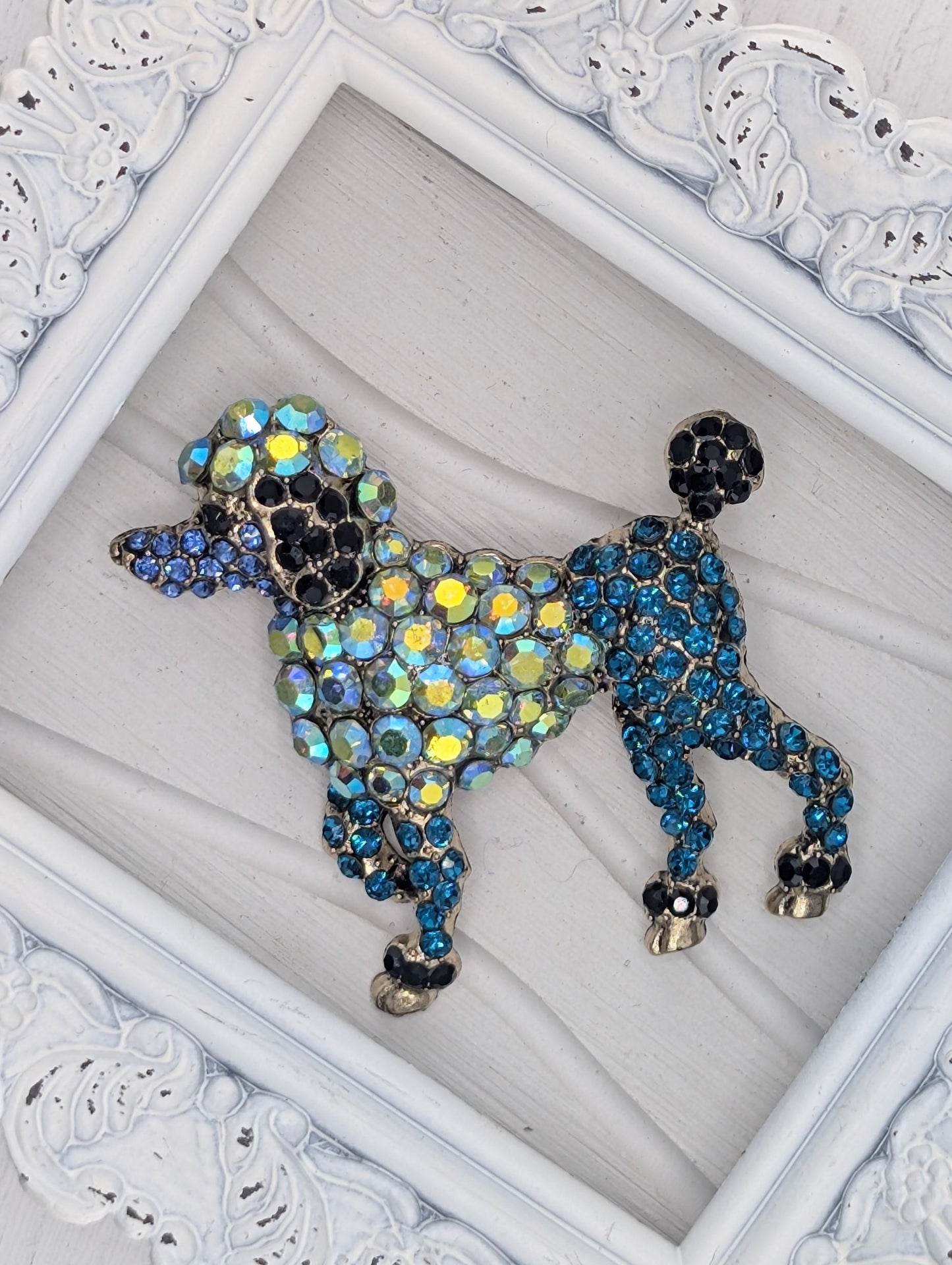 Gold Plated Blue and Green Rhinestone Poodle Dog Brooch