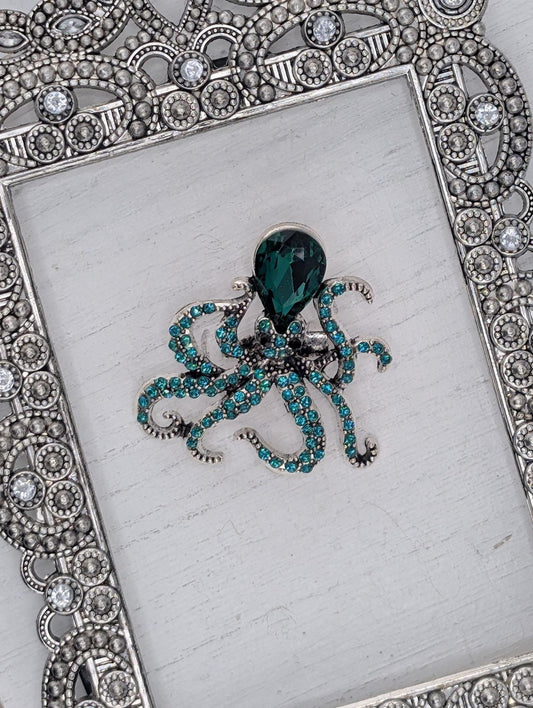 Silver Plated Green Rhinestone Octopus Brooch