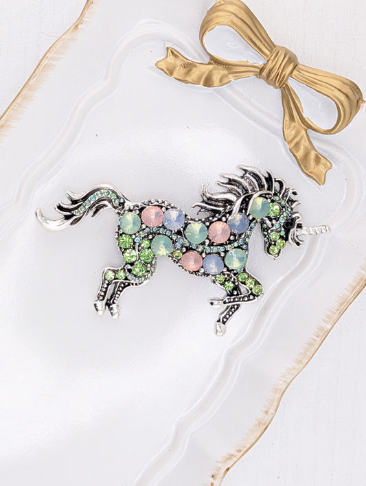 Silver plated Mint green & Pink Rhinestone Unicorn brooch