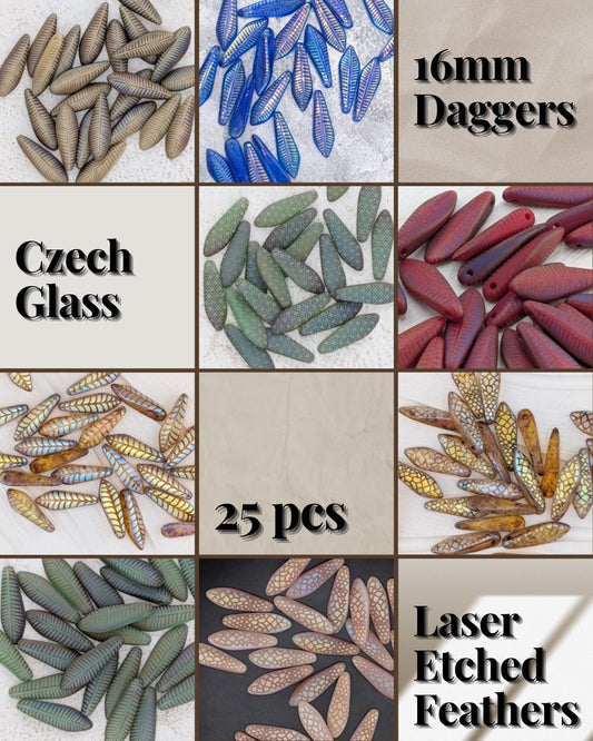 Laser Etched Design, Craft Bead Set 25pcs, Goth Style Beads, Vintage Glass Beads for Handmade Jewelry, Czech Feather Dagger Pendants Kit