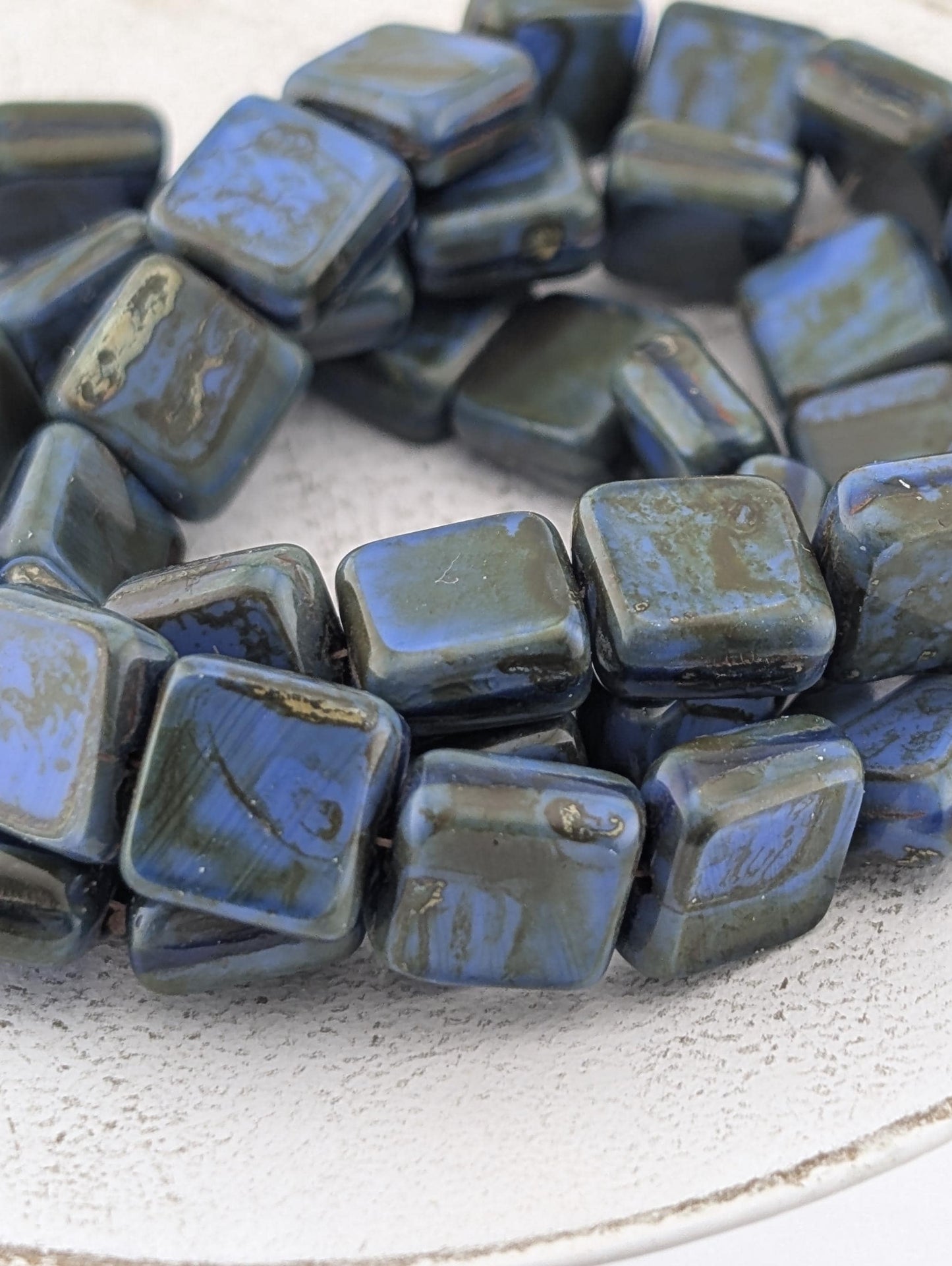 10mm Czech Glass Table Cut Square Milky Picasso Beads | Boho Jewelry Making Supply | Tile-Shaped Craft Beads | Khakhi Swirl | 15 pcs