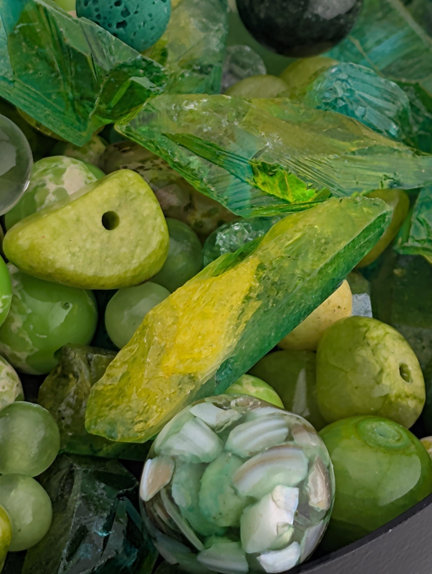 Bright Yellow and Green Serpentine, Quartz and   lava stone Gemstone Bead Soup Mix: 2oz Natural Stone Jewelry Making