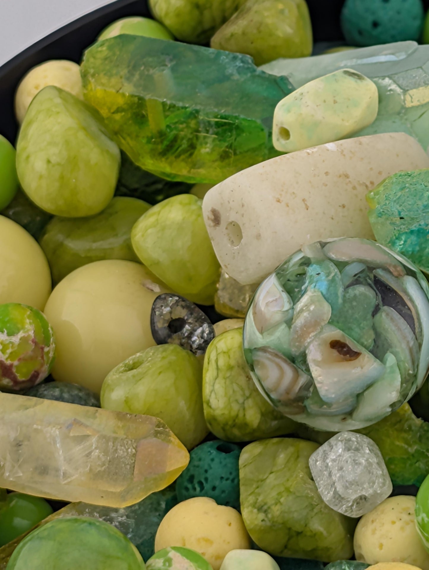 Bright Yellow and Green Serpentine, Quartz and   lava stone Gemstone Bead Soup Mix: 2oz Natural Stone Jewelry Making