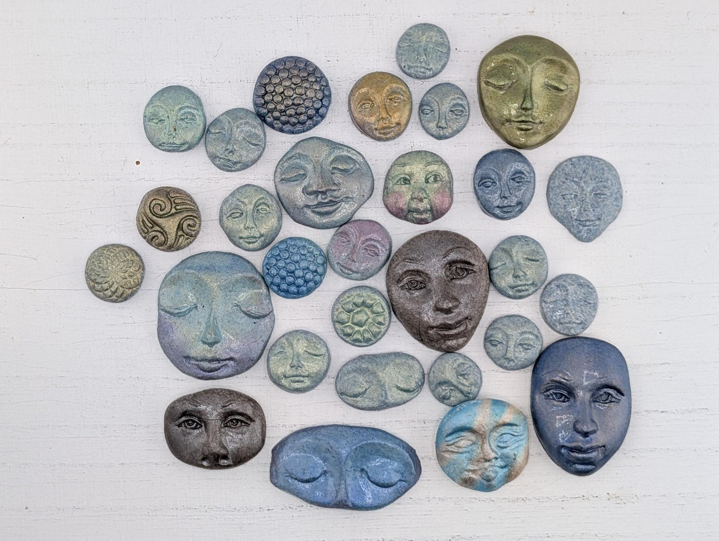 Handmade Polymer Clay Faces: Colorful Blue, Green and Purple Art Doll Supplies 39  pcs