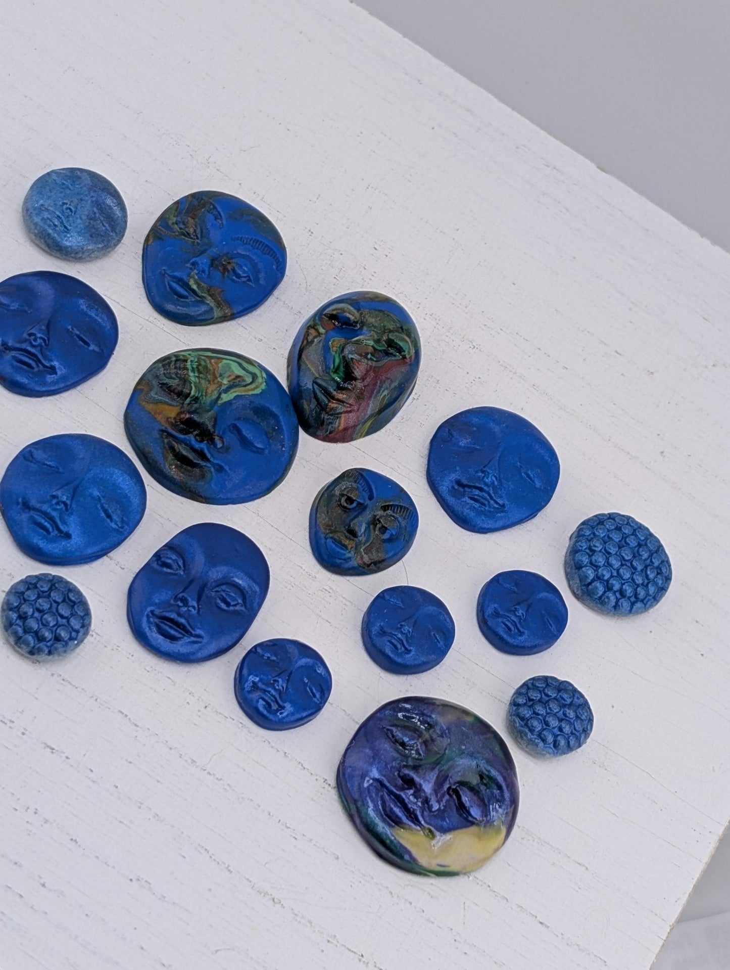 Handmade Polymer Clay Faces: Colorful Blue Art Doll Supplies 16 pcs