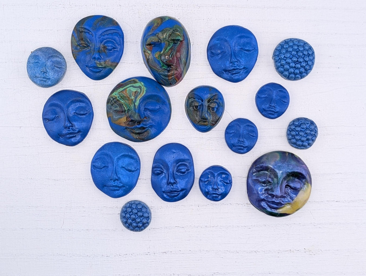 Handmade Polymer Clay Faces: Colorful Blue Art Doll Supplies 16 pcs