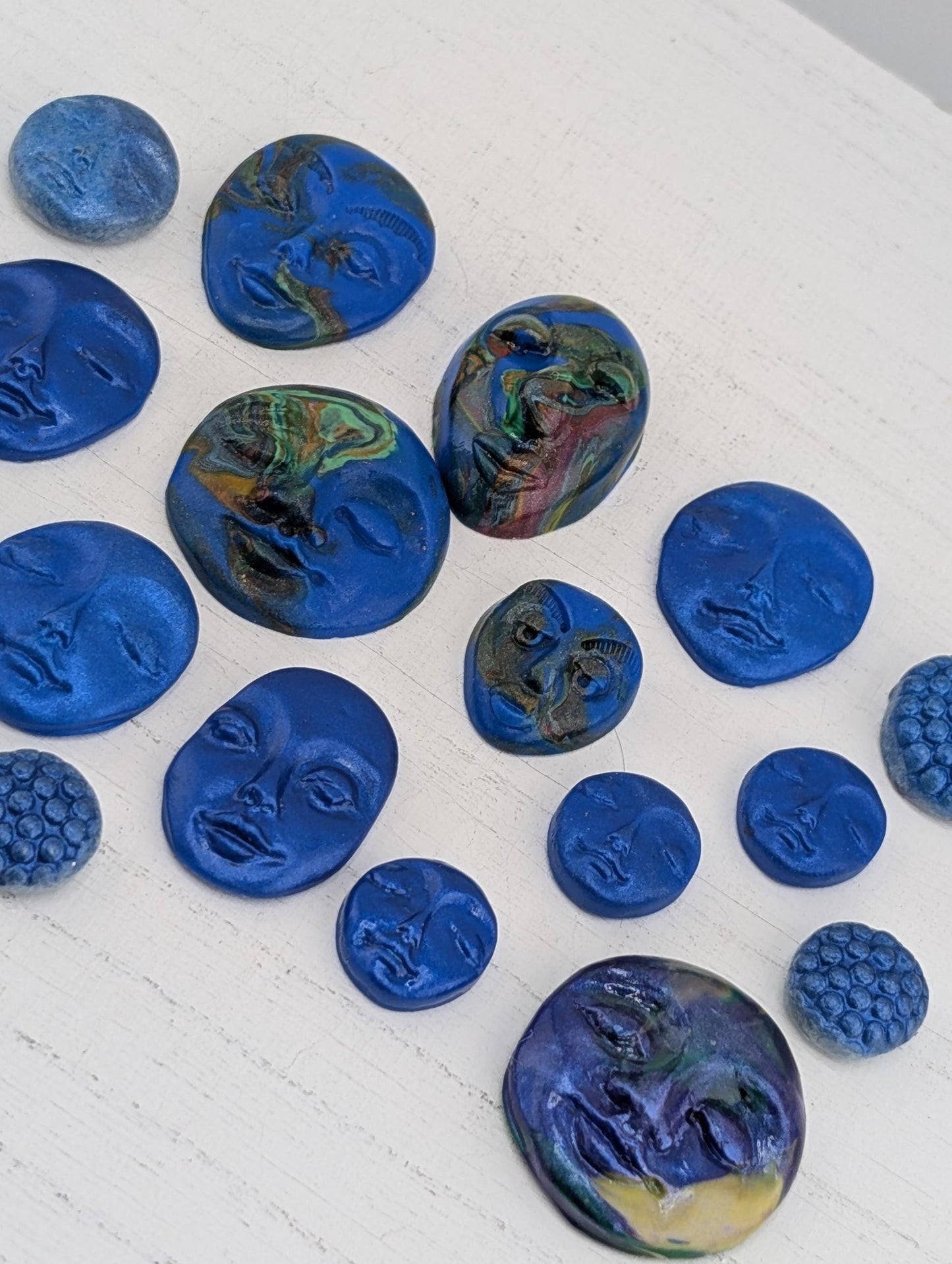 Handmade Polymer Clay Faces: Colorful Blue Art Doll Supplies 16 pcs