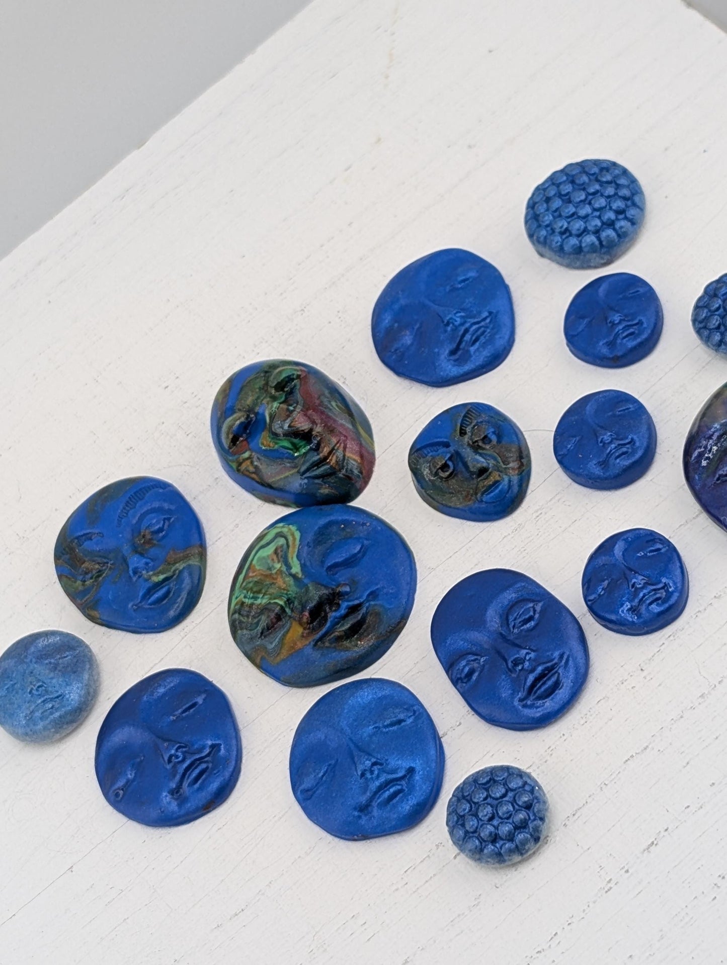 Handmade Polymer Clay Faces: Colorful Blue Art Doll Supplies 16 pcs