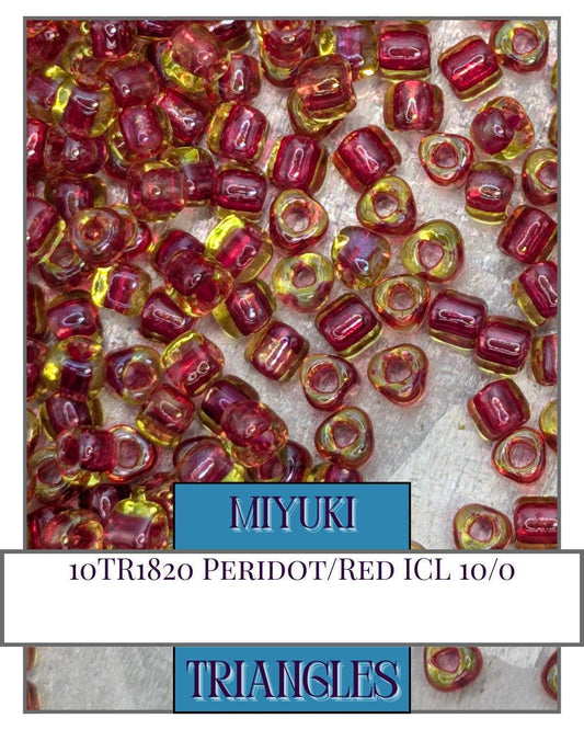 10TR1820-Miyuki Triangle Beads:Peridot/Red ICL (10g pkg)