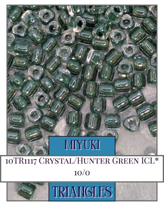10TR1117-Miyuki Triangle Beads:Crystal/Hunter Green ICL* (10g pkg)