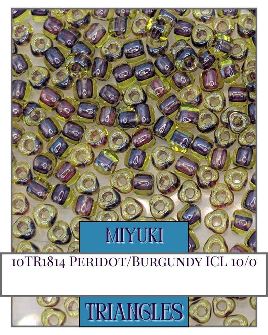 10TR1814-Miyuki Triangle Beads:Peridot/Burgundy ICL (10g pkg)
