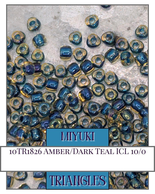 10TR1826-Miyuki Triangle Beads:Amber/Dark Teal ICL (10g pkg)