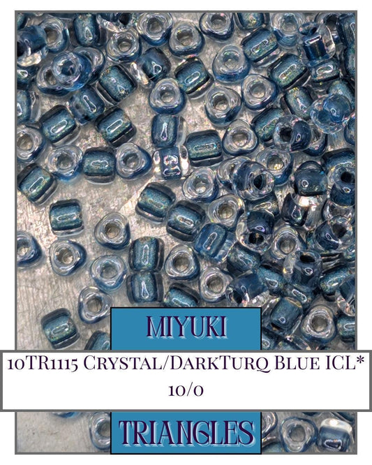 10TR1115-Miyuki Triangle Beads:Crystal/DarkTurq Blue ICL* (10g pkg)