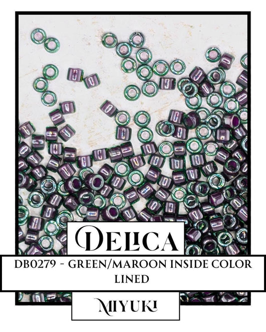 DB0279-Miyuki Delica 11/0:Green/Maroon ICL (7 gram pkg ~1400 Pcs)
