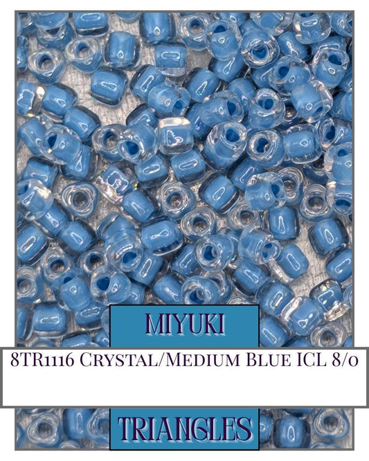8TR1116-Miyuki Triangle Beads:Crystal/Medium Blue ICL (10g pkg)