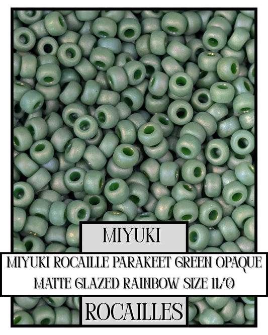 Miyuki Rocaille Beads: Parakeet Green Opaque Matte Glazed Rainbow Finish, Size 11/0