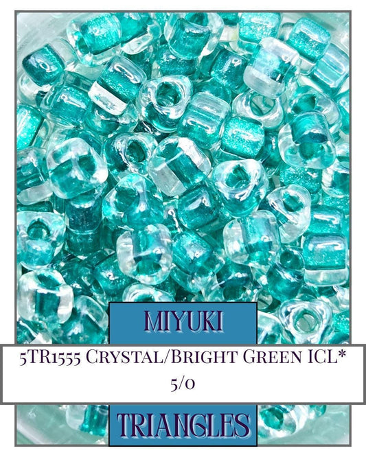 5TR1555-Miyuki Triangle Beads:Crystal/Bright Green ICL* (10g pkg)