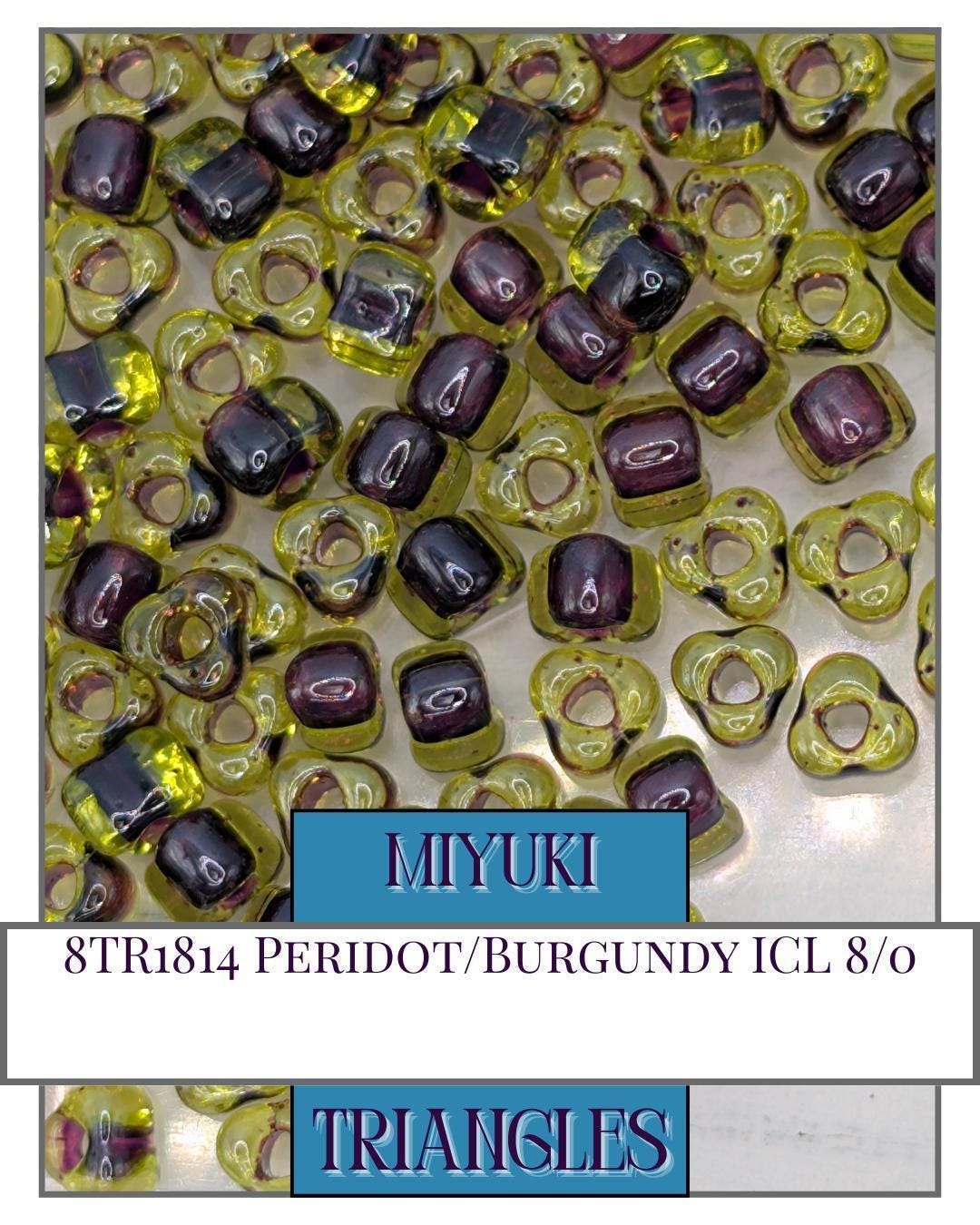 Miyuki Triangle Seed Beads: Peridot Burgundy Lined, 5/0 Size (10g ~111 Beads)