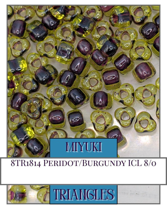 Miyuki Triangle Seed Beads: Peridot Burgundy Lined, 5/0 Size (10g ~111 Beads)