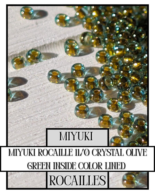 11-0229 Miyuki Rocailles 11/0 | Crystal/Olive Green Inside Color Lined 20g