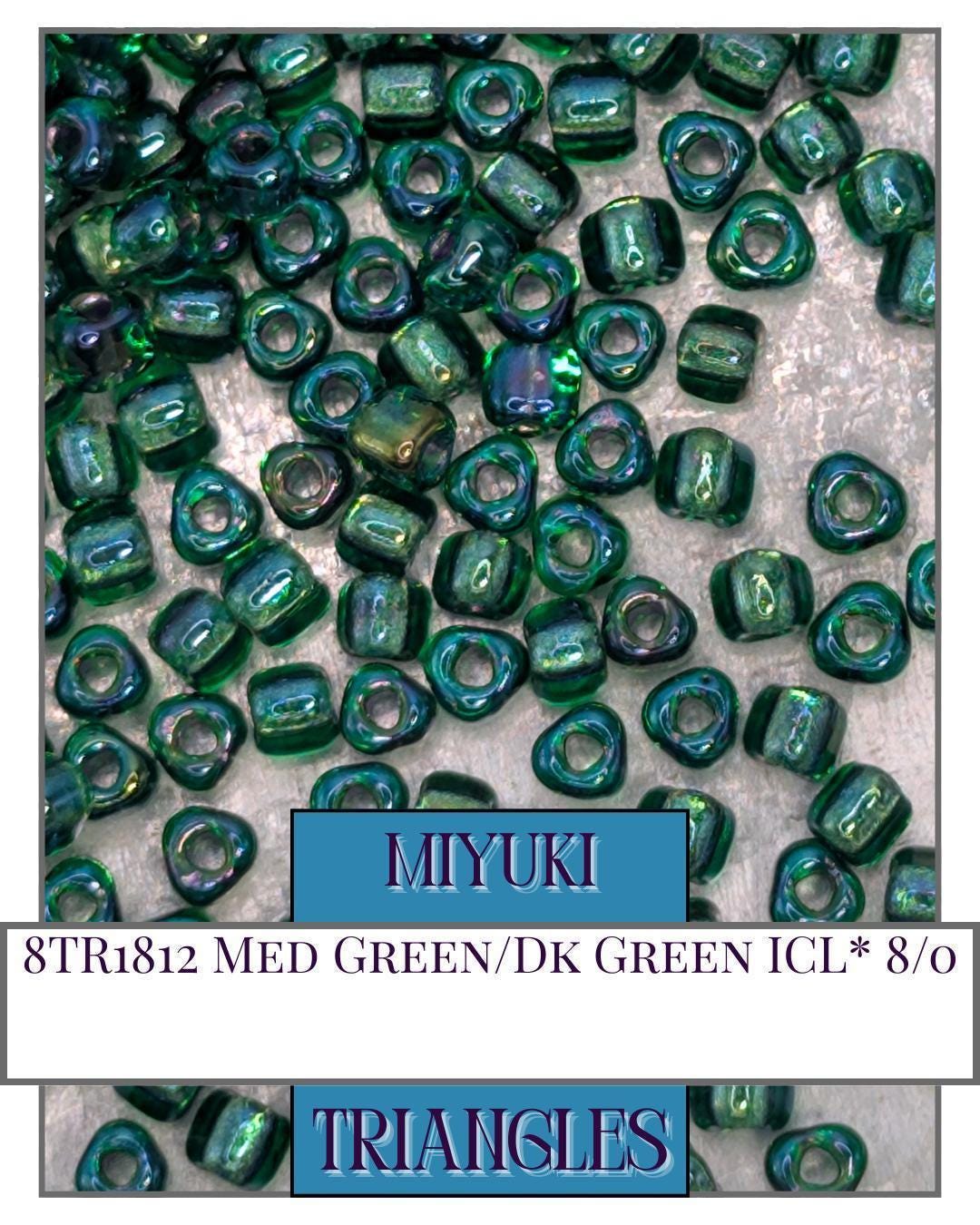 8TR1812-Miyuki Triangle Beads:Med Green/Dk Green ICL* (10g pkg)