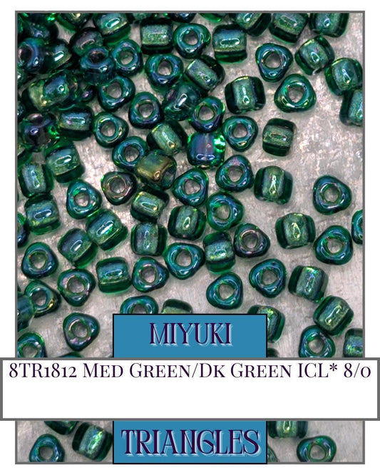 8TR1812-Miyuki Triangle Beads:Med Green/Dk Green ICL* (10g pkg)