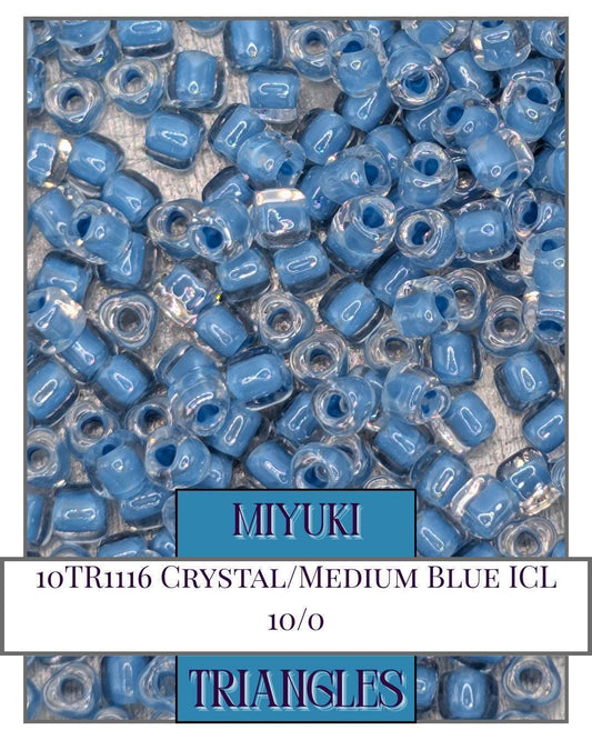 10TR1116-Miyuki Triangle Beads:Crystal/Medium Blue ICL (10g pkg)