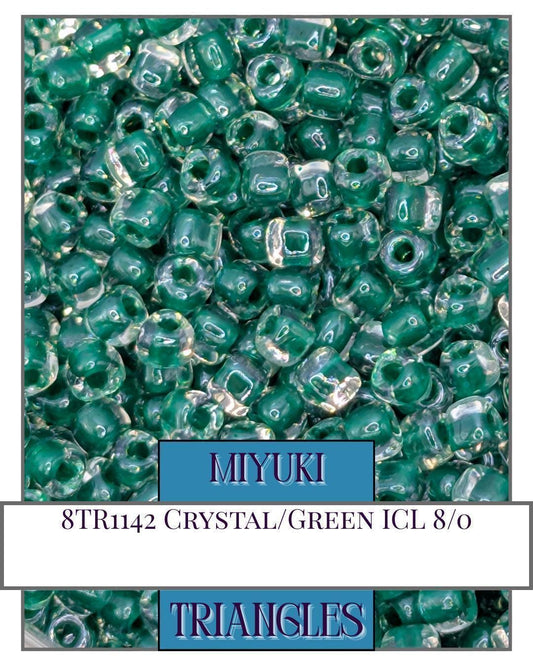 8TR1142-Miyuki Triangle Beads:Crystal/Green ICL (10g pkg)