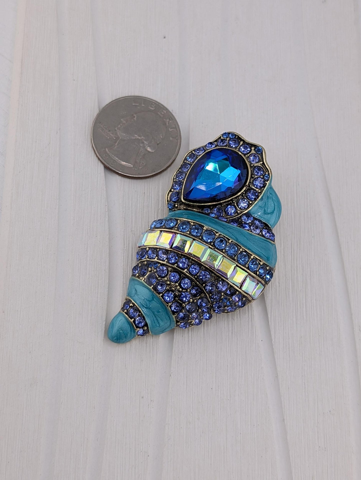 Beach Lover Blue Shell Brooch, Gold & Silver Plated (Rhinestone Accent)