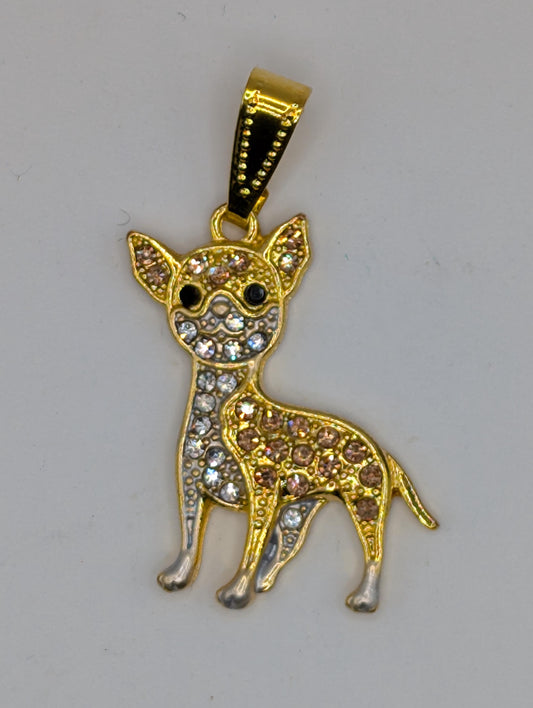 A decorative pendant in the shape of a dog, with a gold-colored body and a black-colored collar. The pendant is adorned with small diamonds and gemstones, giving it a sparkling and elegant appearance.