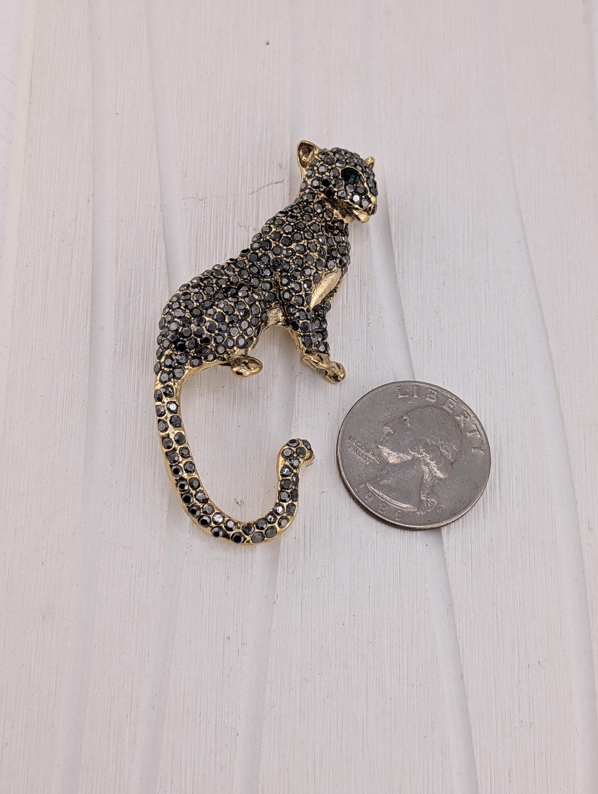 A gold-colored brooch in the shape of a cat is placed next to a silver coin on a white wooden surface.