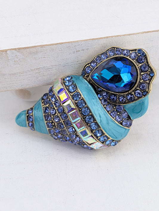 Beach Lover Blue Shell Brooch, Gold & Silver Plated (Rhinestone Accent)