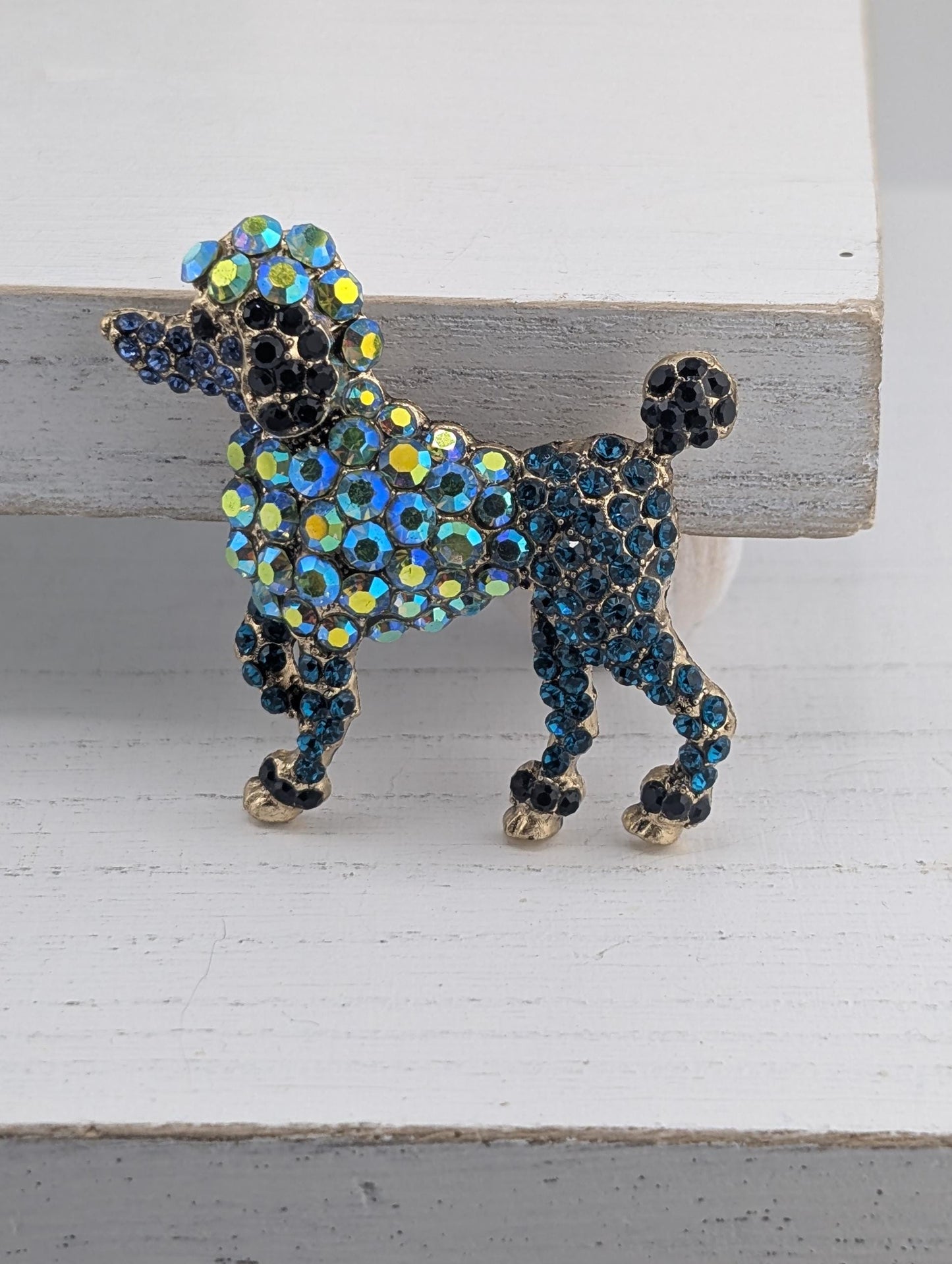 Gold Plated Blue and Green Rhinestone Poodle Dog Brooch